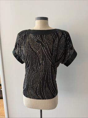 Fortina Vintage Black Short-Sleeve Silver Embellished Blouse. Made in the USA